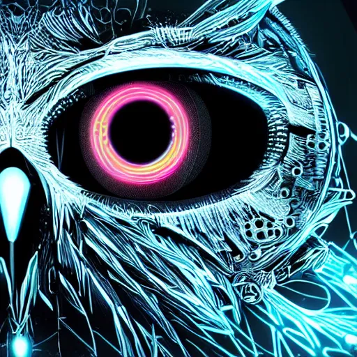 Image similar to cybernetic owl eye, futuristic, cyberpunk, digital illustration, photo - realistic, macro, extremely detailed, vivid, neon, dramatic lighting, intricate details