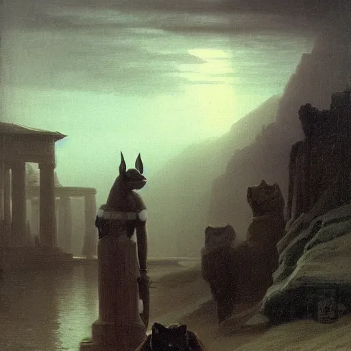 Prompt: Anubis scowling at the viewer, the background a gloomy fog rolling over the plains illustrated by Albert Bierstadt