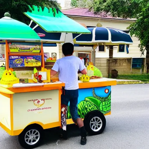 Prompt: crocodile man driving an ice cream cart