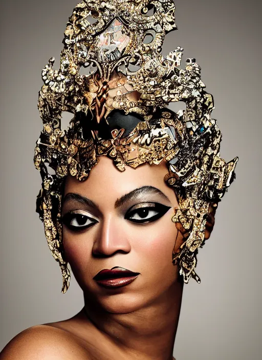 Image similar to photograph of beyonce styled by nick knight posing, intricate headpiece, showstudio, face close up, vogue magazine, 2 0 2 0, canon, highly realistic. high resolution. highly detailed. dramatic. 8 k. 4 k. zeiss lens, canon eos, cinematic lighting, photography, film still