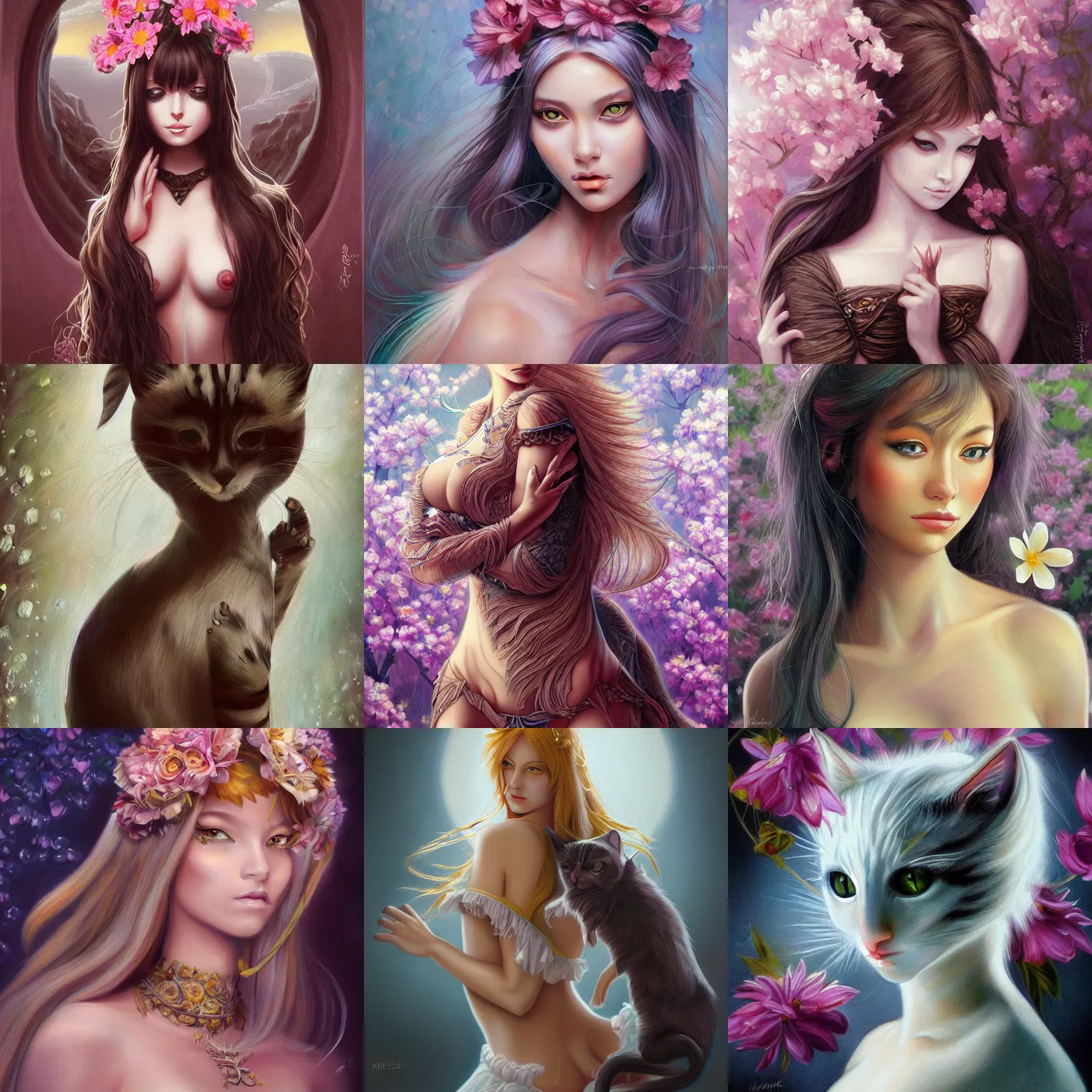 Prompt: a painting of a beautiful humanoid female cat, 🌸 🌼 💮, an ultrafine detailed painting, by mark brooks, centered full body, featured on deviantart, fantasy art, detailed painting, deviantart, anime