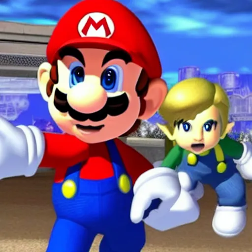 Image similar to mario standing next to link who is riding on samus's shoulders