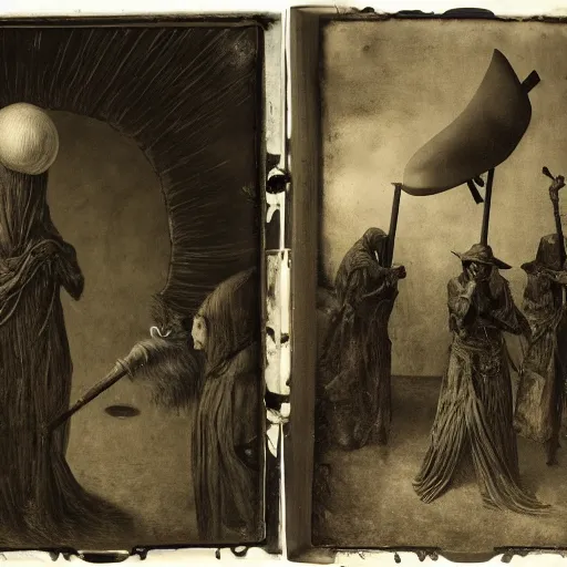 Image similar to wet plate photo, plague doctors in the mist with weird rube goldberg machines, minimalist, joel peter witkin, heironymus bosch, gustave dore, beksinski, giger'