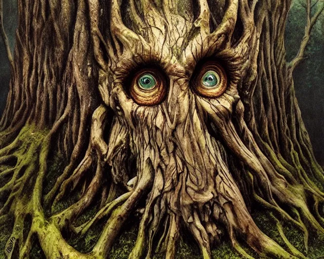 Image similar to a talking oak tree, huge face in the bark, eyes in the bark, mouth in the bark, horror concept art, sharp teeth, digital painting, oil painting, hyperrealistic, treebeard, ent, undead, fantasy monster, moonlight, in the forest, by alan lee, by artgerm