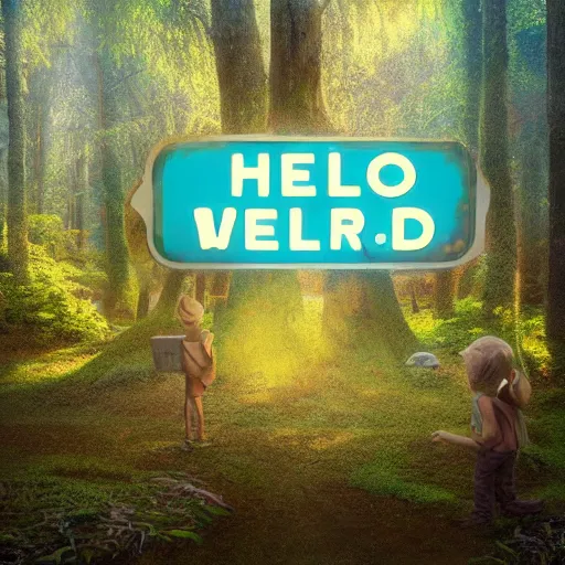 Image similar to 'Hello World' sign in a fairy forest, by Beeple, RHADS, and Greg Rutkowski, trending on artstation, unreal engine, 4k, high quality render, digital art