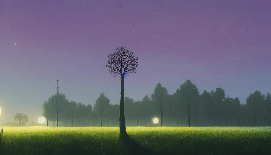 Prompt: big field of solar panels, early morning sun in the sky, one tree, simon stalenhag