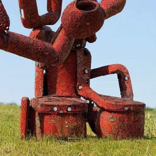 Prompt: rusty robot sitting by a tree, auction catalogue photo