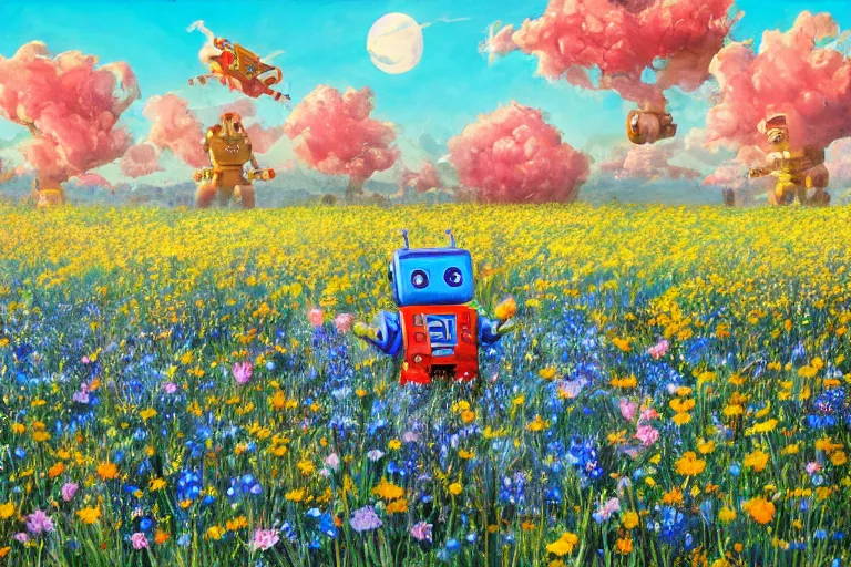 Prompt: beautiful painting ( ( robot dogs ) ) playing in a stunning field of flowers, blue sky, huge multiple moons by phil foglio and vincent dutrait, trending on artstation, hdr