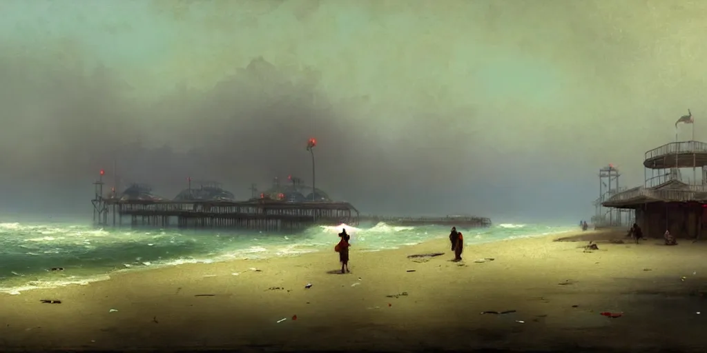 Image similar to concept art of a polluted beachfront with a broken pier and abandoned amusement park attractions, grimy, gritty, trending on artstation, award winning painting, cgi, art by ivan aivazovsky and john howe and filip hodas and zhang kechun