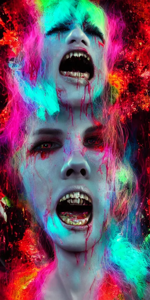 Image similar to impossibly beautiful vampire with large vampire fangs, full body, intricate complexity, horror, psychedelic glitch art, rainbow drip paint, trending on art station, photoreal, 8k, octane render