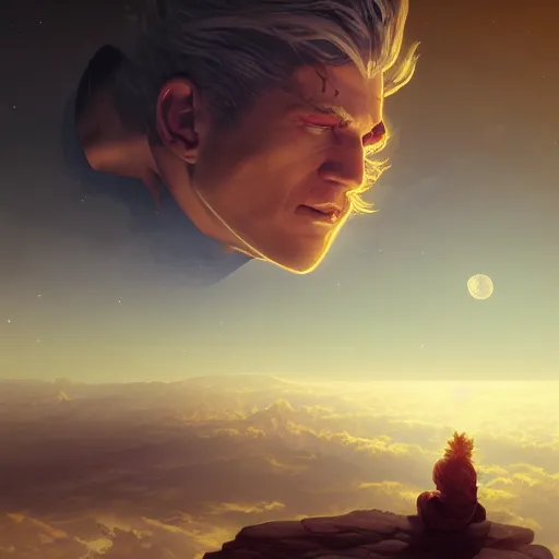 Prompt: a man with gold hair punching through the moon, wanderer above the sea of fog, cyberpunk, romanticism god rays, volumetric lighting, octane render, 4 k resolution, art by artgerm and greg rutkowski and alphonse mucha, masterpiece, in a luminist baroque style