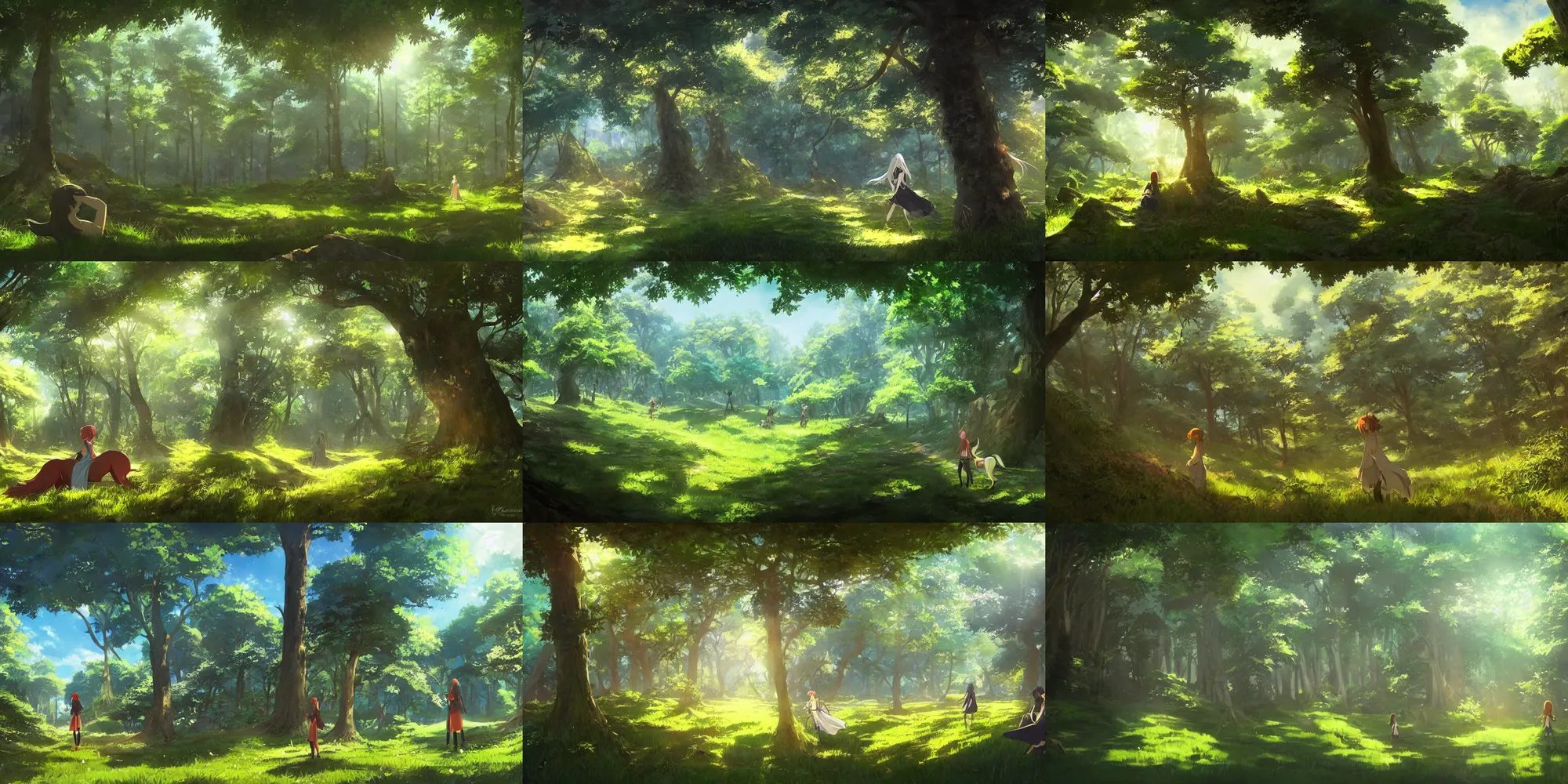 Prompt: Inside a lush forest, bright sunny day, clear sky, fantasy, medieval, Patrick O'keefe style, Makoto Shinkai