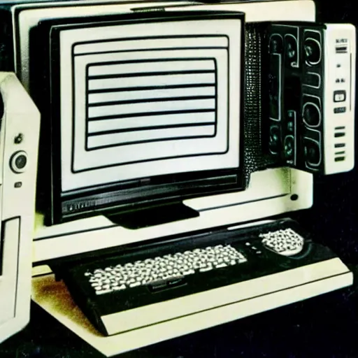 Image similar to slightly blurry and grainy photographic proof of an 8 0 s 8 bit home computer joystick, tape / disk drive and tv monitor that never was released to the public.