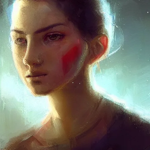 Image similar to Portrait of a woman by Greg Rutkowski, she is about 20 years old, round face, mixture turkish and russian, dark blonde hair with two strands around her face, attractive, sad and melancholy gaze, she is wearing a futuristic tactical space suit, highly detailed portrait, scifi, digital painting, artstation, concept art, smooth, sharp foccus ilustration, Artstation HQ.