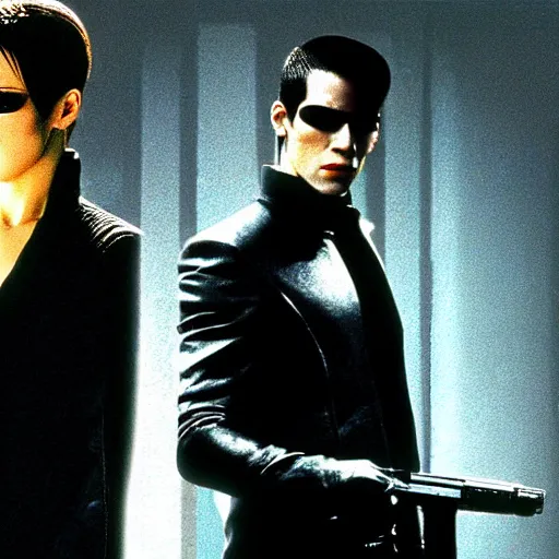 Image similar to neo dodges a bullet in the matrix, the matrix ( 1 9 9 9 )