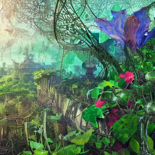 Image similar to panoramic view of a jungle of flowers and vines growing over great heaps of chrome machinery and rusty weapons in puddles of glistening oil artists tram pararam and doctor seuss with beryl cook and hr giger neon high contrast cinematic light, mystical shadows, sharp focus, warhammer fourty k, octane render