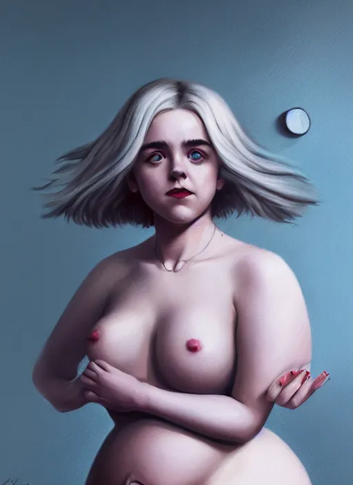 Image similar to full body portrait, kiernan shipka as sabrina spellman, white hair, obese, bangs, sultry, realistic, sultry smirk, fluffy bangs, freckles, fat, belly, intricate, elegant, highly detailed, digital painting, artstation, concept art, smooth, sharp focus, illustration, art by wlop, mars ravelo and greg rutkowski