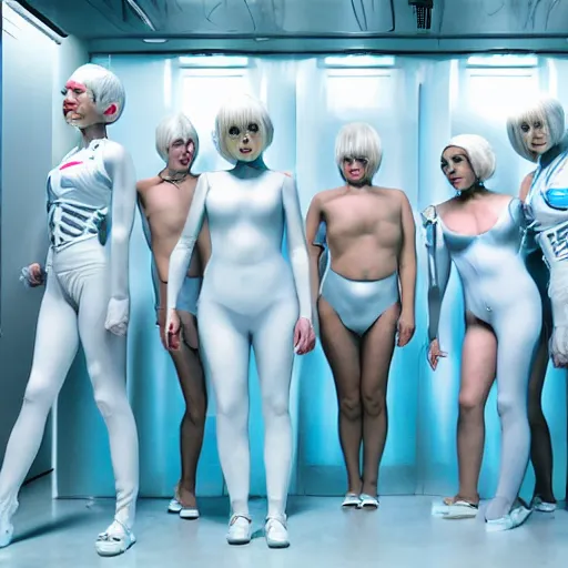 Image similar to troop of freak show women with white bob hairdos, white hair, tight light blue neopren suits, futuristic production facility, sci - fi, highly detailed, cinematic