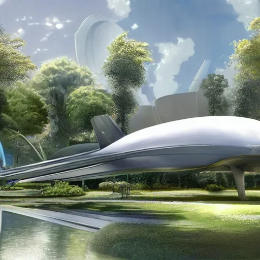 Image similar to a futuristic giant military design boeing architecture in a perfect french garden, Very detailed and perfectly readable fine and soft relevant out lines soft edges painting by beautiful walt disney animation films of the late 1990s and Thomas Cole in HD, nice lighting, perfect readability, UHD upscale