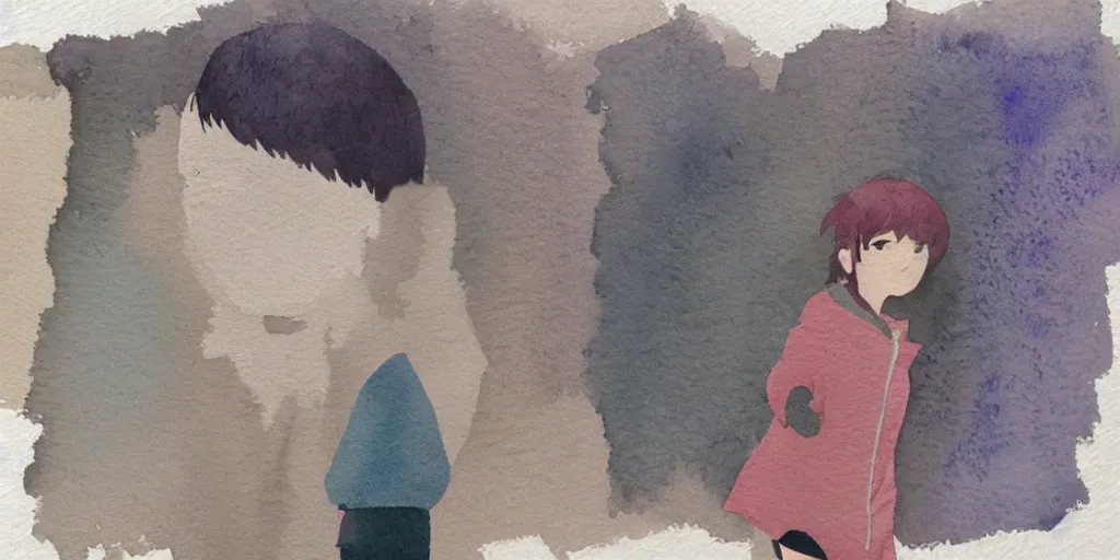 Prompt: simple watercolor, rough paper texture, ghost in the shell movie scene, backlit distant shot of girl in a parka