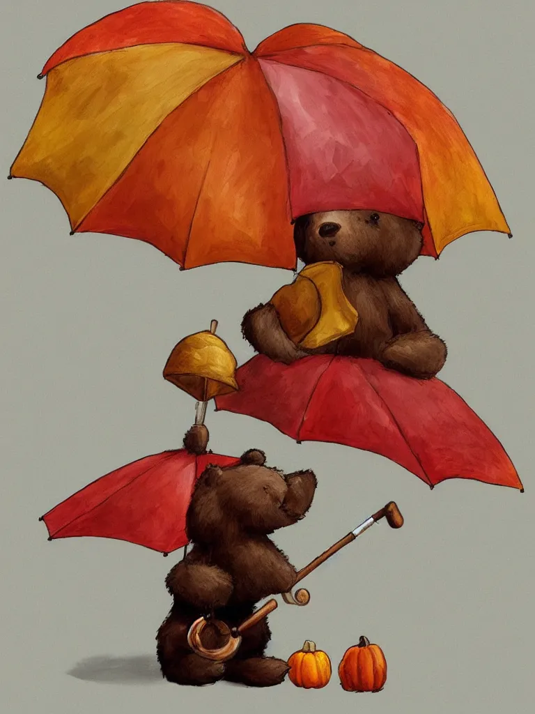 Image similar to autumn a bear with an umbrella cartoon trending on artstation