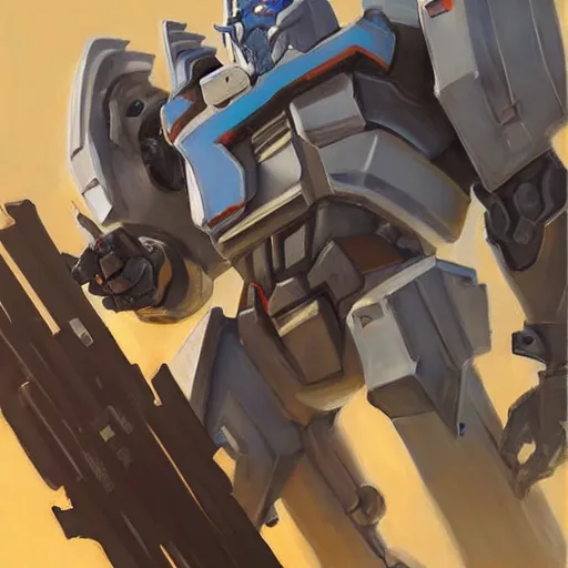 Image similar to greg manchess portrait painting of armored optimus prime as overwatch character, medium shot, asymmetrical, profile picture, organic painting, sunny day, matte painting, bold shapes, hard edges, street art, trending on artstation, by huang guangjian and gil elvgren and sachin teng