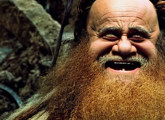 Image similar to film still of danny devito as gimli in lord of the rings movie, 8 k