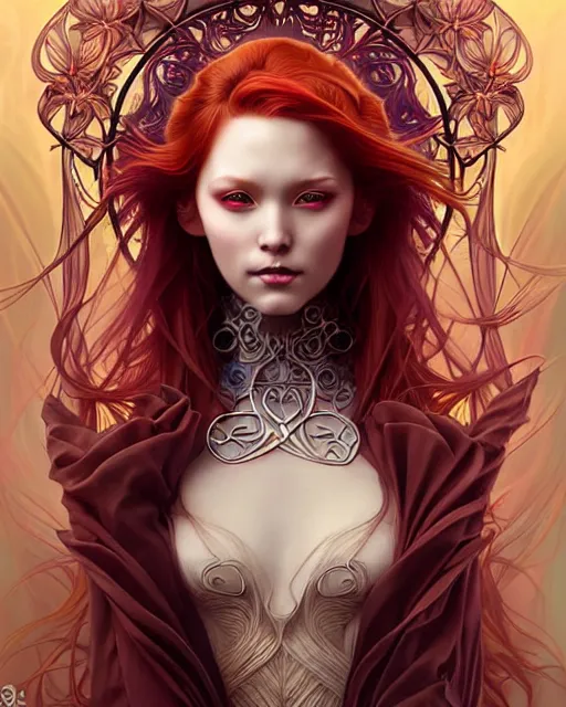 Image similar to Beautiful, evil and playful ethereal ginger portrait, art nouveau, fantasy, intricate flower designs, elegant, highly detailed, sharp focus, art by Artgerm and Alex Ross Tran and WLOP