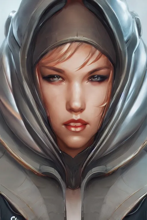 Image similar to a portrait of a swirly cyborg with a hood and mechanical part by Mars Chris and Artgerm, highly detailed, trending on artstation