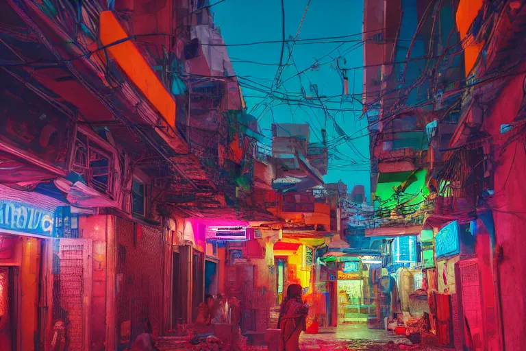 Prompt: cyberpunk Morocco street, 35mm lens, beautiful panoramic imagery, vibrantly lush neon lighting, beautiful volumetric-lighting-style atmosphere, a futuristic atmosphere, intricate, ultra detailed, photorealistic imagery, trending on artstation, 4k, 8k