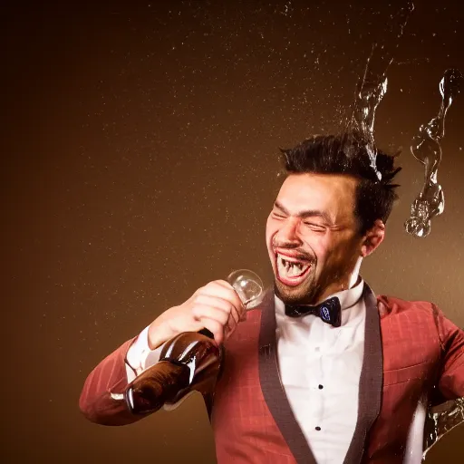 Image similar to a detailed portrait of a man boisterously dancing around the room by himself holding an empty wine bottle as he jumps in the air, detailed facial expression, fine detail, dramatic lighting, award-winning photo UHD, 4K