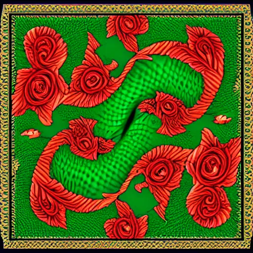 Image similar to rhaegal, green dragon, surrounded by roses in fractal patterns