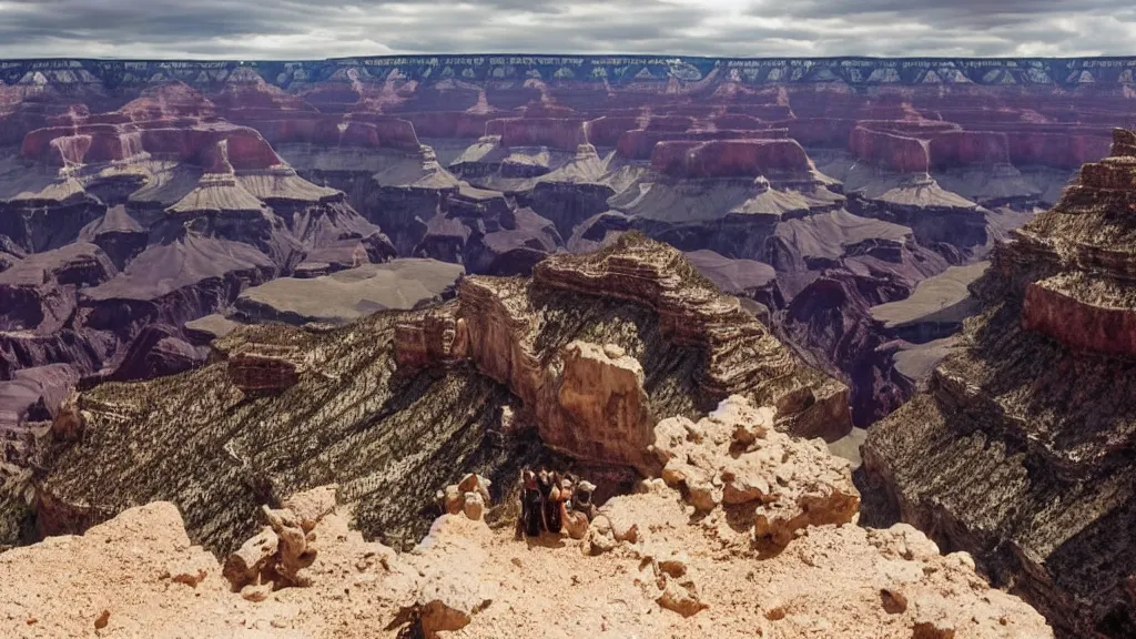 Prompt: an atmospheric film still by denis villeneuve featuring a dark gothic cathedral carved out of rock at the top of the grand canyon