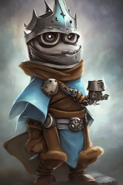 Image similar to cute little anthropomorphic Minions knight wearing a cape and a crown, tiny, small, miniature cat , baby animal, short, pale blue armor, cute and adorable, pretty, beautiful, DnD character art portrait, matte fantasy painting, DeviantArt Artstation, by Jason Felix by Steve Argyle by Tyler Jacobson by Peter Mohrbacher, cinematic lighting