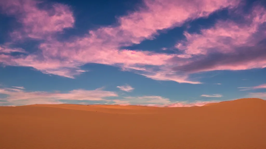 Prompt: The sand dunes under the pink clouds backlit by the sun