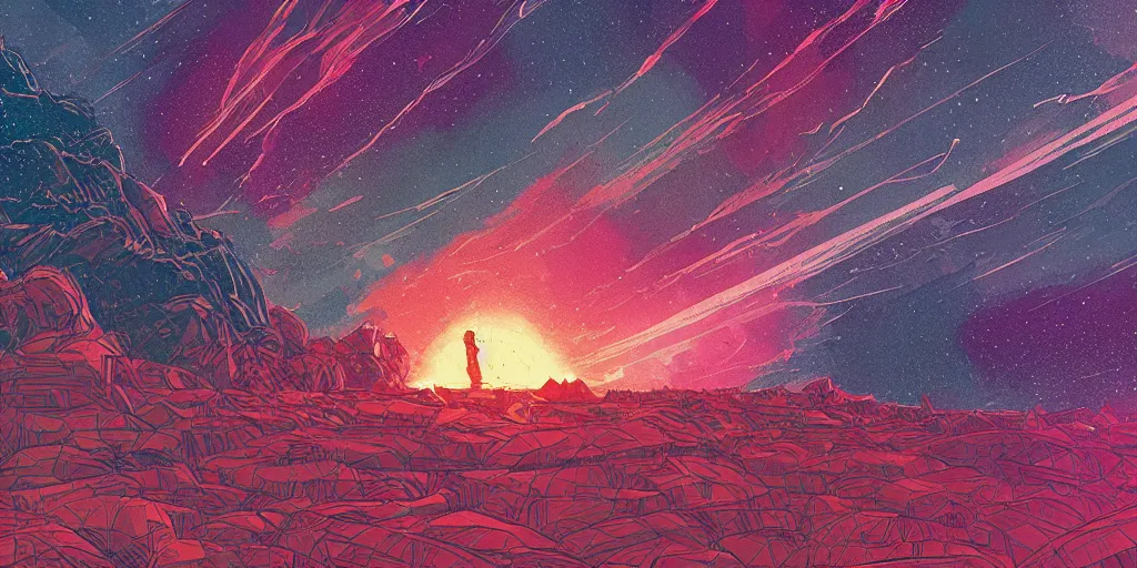 Image similar to concept art of an epic spiral galaxy in style of dan mumford and laurie greasley by james gilleard, very detailed, clean lines, atmospheric, vivid, wide angle