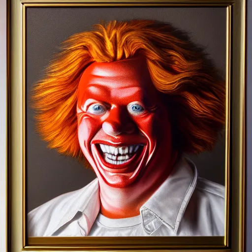 Prompt: extremely detailed studio portrait of ronald mcdonald surrended by gold, soft light, golden glow, 4 k