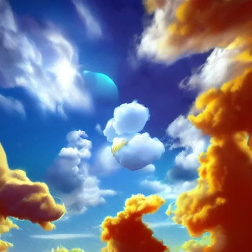 Image similar to puffy clouds, drew struzan style, vfx art, unreal engine render, claymation style, colourful, volumetric light, digital painting, digital illustration, dramatic light,