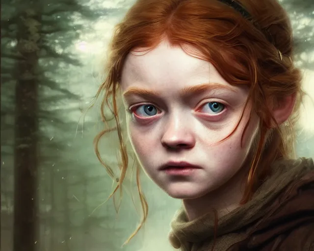 Image similar to highly detailed portrait of sadie sink, in the walking dead, stephen bliss, unreal engine, fantasy art by greg rutkowski, loish, rhads, ferdinand knab, makoto shinkai and lois van baarle, ilya kuvshinov, rossdraws, tom bagshaw, global illumination, radiant light, detailed and intricate environment