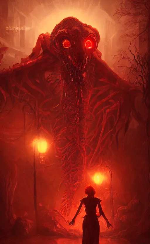 Image similar to mother demogorgon in the background, red ambience, at night, creepy over the street in the background, dynamic lighting, photorealistic fantasy concept art, trending on art station, stunning visuals, creative, cinematic, ultra detailed