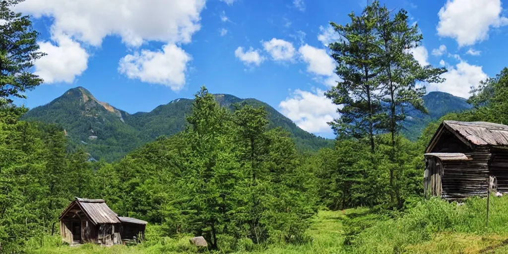 Image similar to a mountain landscape, in summer, with a hut surrounded by woods, blue sky