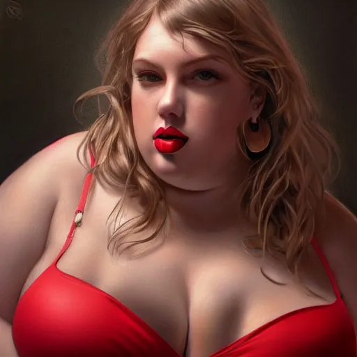 Prompt: sexy painting of 3 5 0 - pound obese taylor swift, red bikini, navel piercing, ultra realistic, sharp details, subsurface scattering, intricate details, warm lighting, beautiful features, highly detailed, photorealistic, octane render, 8 k, unreal engine, art by artgerm and greg rutkowski and alphonse mucha