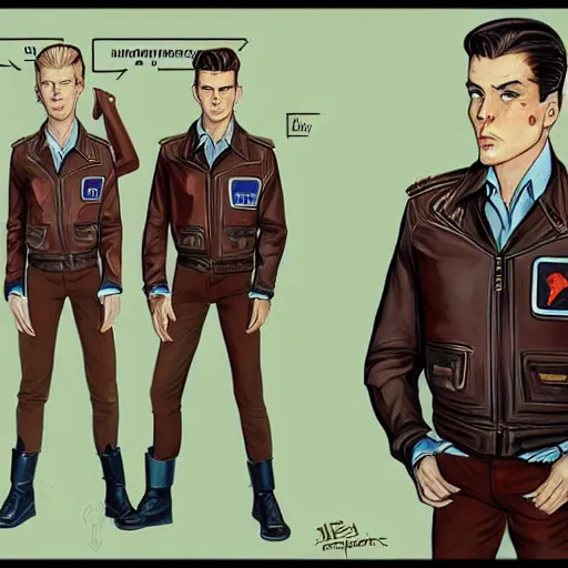 Image similar to character concept art of heroic square - jawed emotionless serious blonde handsome butch princely woman aviator, with very short butch slicked - back hair, wearing brown leather jacket, standing in front of small spacecraft, alien 1 9 7 9, illustration, science fiction, retrofuture, highly detailed, colorful, realistic, graphic, ron cobb, mike mignogna