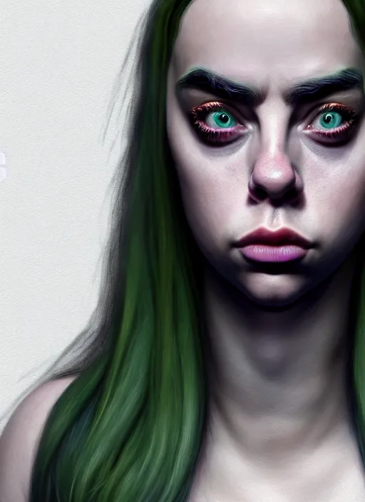 Image similar to Billie Eilish as Female Loki, beautiful facial symmetry, olive skin color, hyper realistic, hyper detail, very detailed, digital art, trending on artstation, smooth render, 8k octane render,