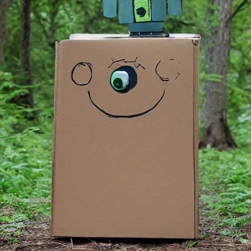 Prompt: robot made of a cardboard box, walking through the forest, in the style of Norman Rockwell