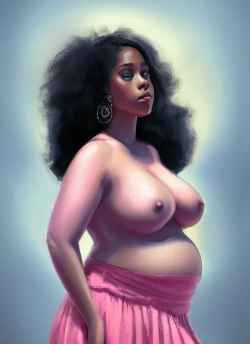 Image similar to full body portrait, teenage vanessa morgan, pink hair, dark skin, obese, curly pixie hair, sultry, realistic, short hair, hoop earrings, skirt, shirt, fat, belly, intricate, elegant, highly detailed, digital painting, artstation, concept art, smooth, sharp focus, illustration, art by wlop, mars ravelo and greg rutkowski