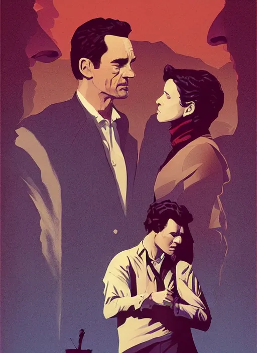 Image similar to poster artwork by Michael Whelan and Tomer Hanuka, Karol Bak of Naomi Watts & Jon Hamm husband & wife portrait, in the pose of Brokeback Mountain poster, from scene from Twin Peaks, clean, simple illustration, nostalgic, domestic, full of details