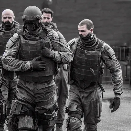 Image similar to British mercenaries wearing grey body armor carrying a wounded soldier, photo by Adam Ferguson, Pulitzer Winning, cinematic composition, breathtaking, modern, 2022