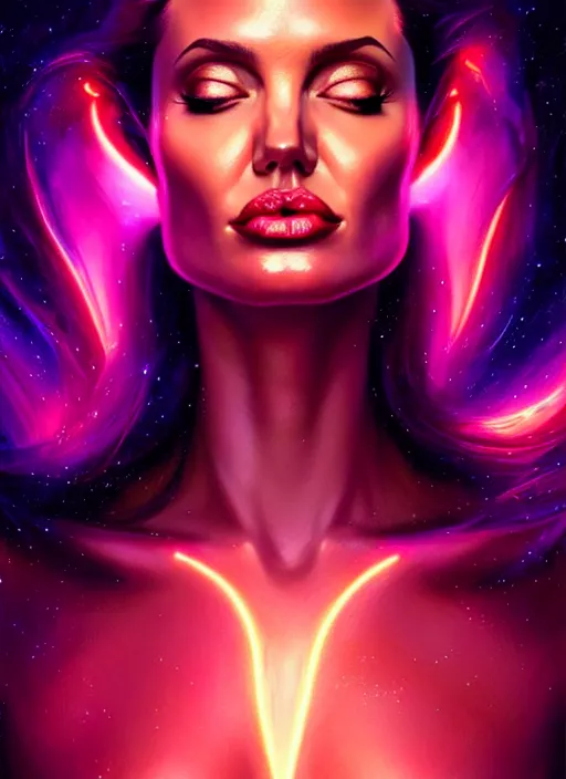 Prompt: a angelina jolie faceless glowing liquefied stardust adventurer, dnd fantasy character, full body portrait, glowing neon skin, magical aura, ultra realistic, intricate, elegant, highly detailed, digital painting, artstation, smooth, sharp, focus, illustration, art by artgerm and greg rutkowski and alphonse mucha