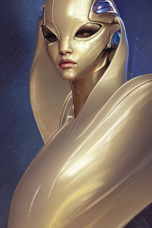 Image similar to detailed portrait glam cyber noun, attractive feminine curves, intricate, scifi, futuristic, elegant cape, elegant, alien room background, white, blue, gold, photorealism, trending on artstation, holy halo, advanced technology, art by moebius and vitaly bulgarov and chanthara